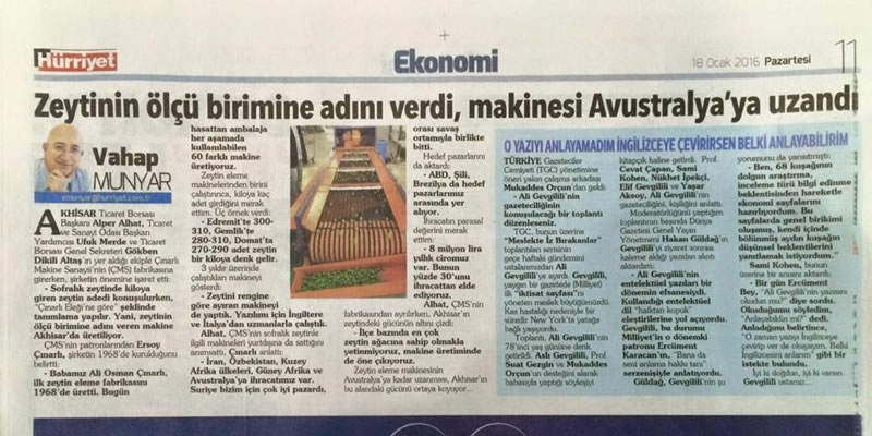 Zeytinin Ölçü Birimine Adını Verdi, Makinesi Avustralya ya Uzandı